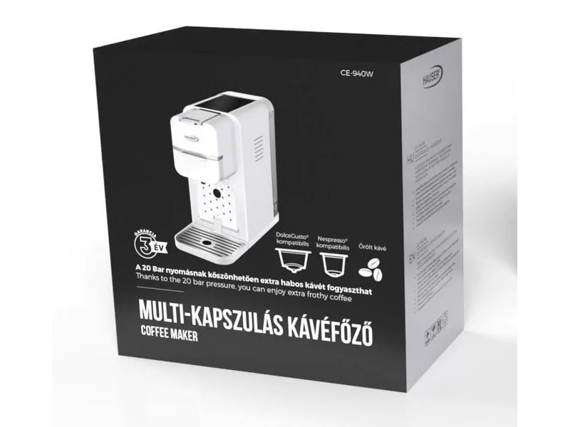 Hauser CE-940W multifunkciós kávéfőző, Nespresso és Dolce Gusto kompatibilis, 1350 W, max. 20 bar nyomás, 0, 9 Literes víztartály, fehér - Image 2